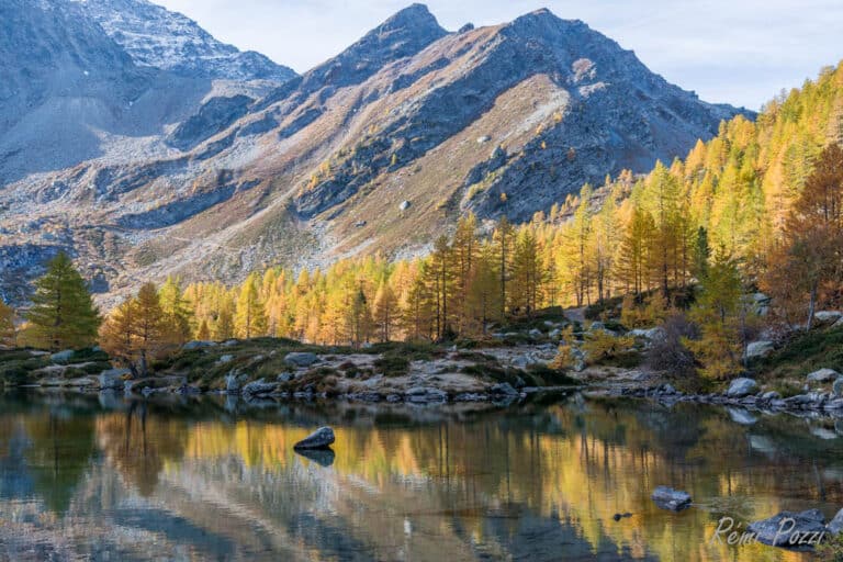 Forêt d'automne et petit lac au pied d'un sommet