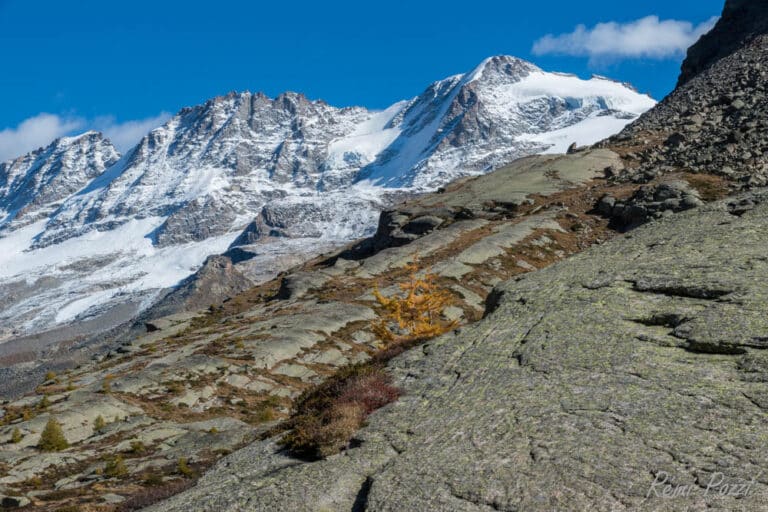 Pente abrupte rocheuse vers les sommets enneigés