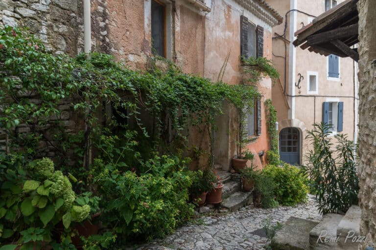 Ruelle avec plein de fleurs en pot dans un village du Lubéron