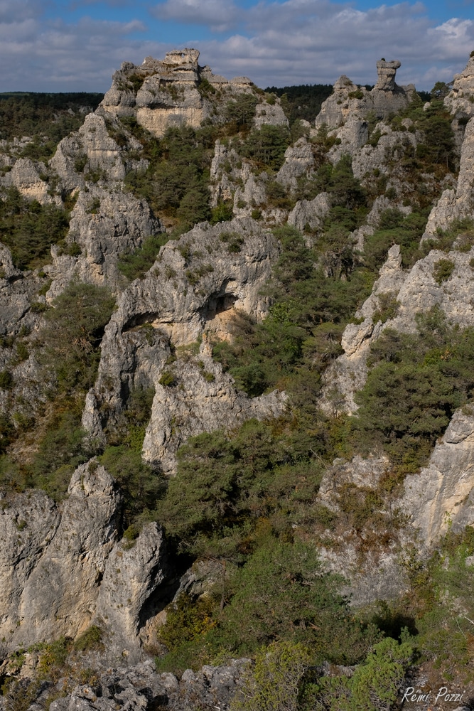 Sommets escarpés en pierre couvert par la végétation